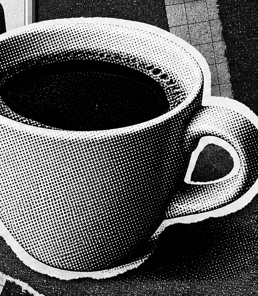 A halftone photograph of a full coffee cup on torn newsprint
